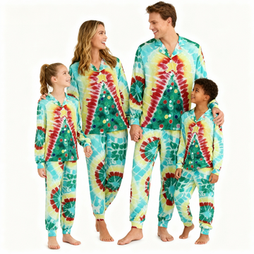 Holiday Family Button-Up Green & Yellow Tie-dyed Christmas Pajamas Set