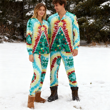 Holiday Couple Button-Up Green & Yellow Tie-dyed Christmas Pajamas Set