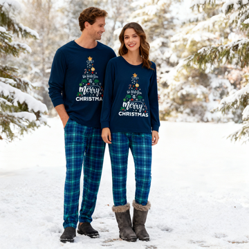 "We Wish You a Merry Christmas" Printed Blue Long Sleeve Top With Blue&Green Plaid Couple Matching Pajamas