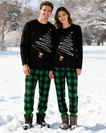 Santa Claus and Christmas Tree Print Black Long Sleeve Top with Green and Black Plaid Couple Matching Pajamas