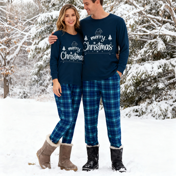 "Merry Christmas" White Letter 2025 Blue Long Sleeve Top With Blue Plaid Couple Matching Pajamas