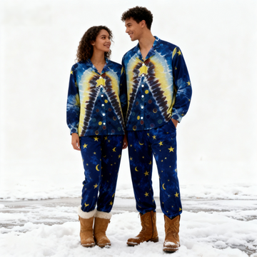 Holiday Couple Button-Up Blue Tie-dyed Christmas Pajamas Set