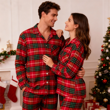 Festive Red and Green Plaid Button-Up Pajamas Set for Couple