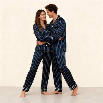 Elegant Satin Blue Pajama Set for Couple