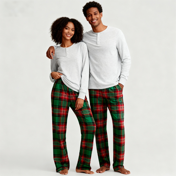 Couple Pajama Set – Gray Button-Neck Tee & Green Plaid Pants
