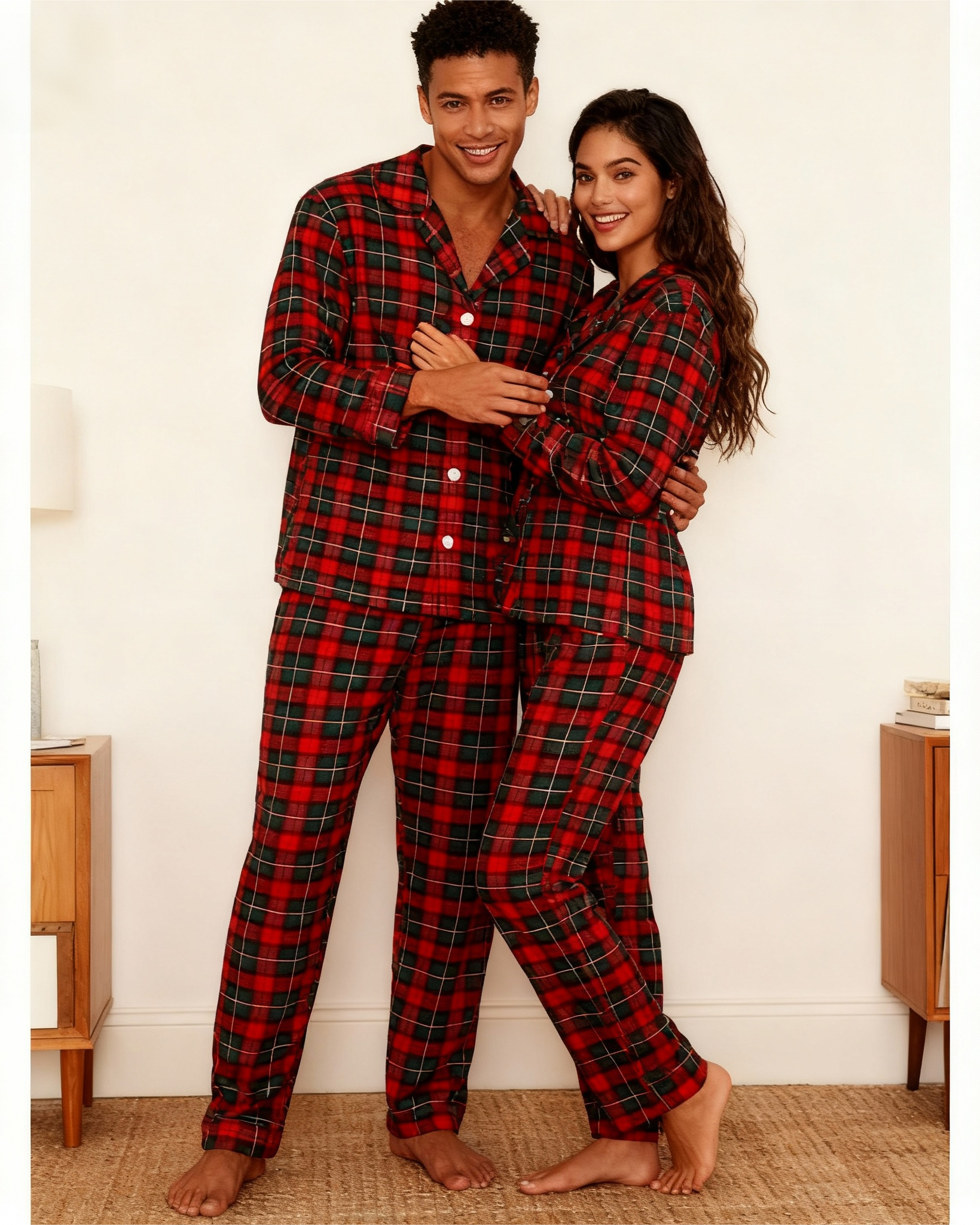Christmas Red and Green Plaid Button Up Couple Pajamas Sets