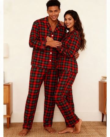 Christmas Red and Green Plaid Button Up Couple Pajamas Sets