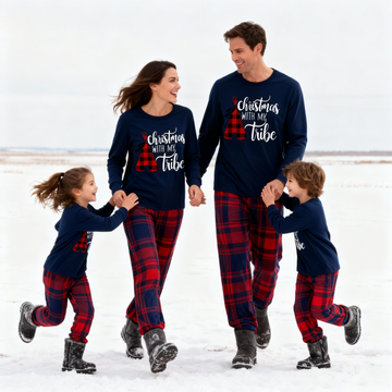 Christmas Tube and Letter Print Blue Long Sleeve Top with Red & Blue Plaid Family Matching Pajamas