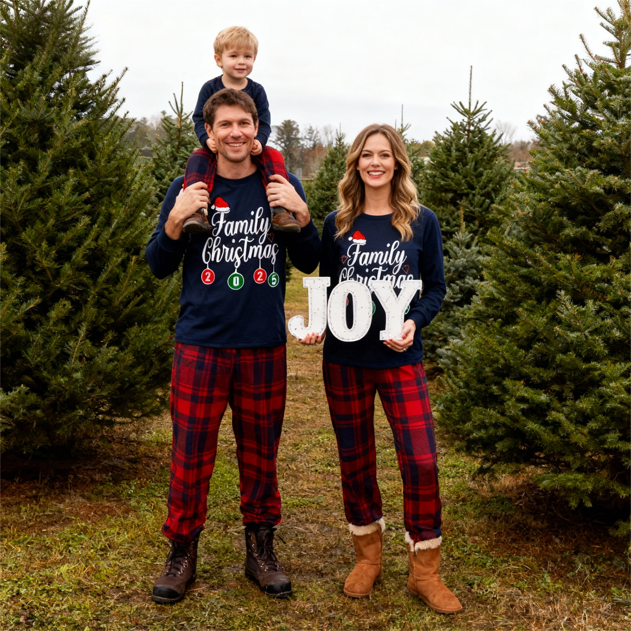"Family Christmas 2025" Letter Printed Red and Blue Plaid Christmas Matching Pajamas