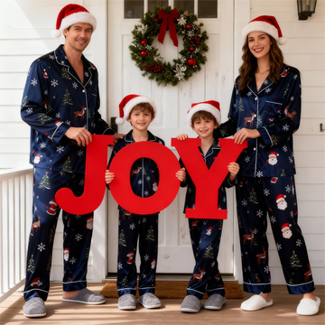 Holiday Family Button-Up Navy Blue Satin Christmas Pajamas Set
