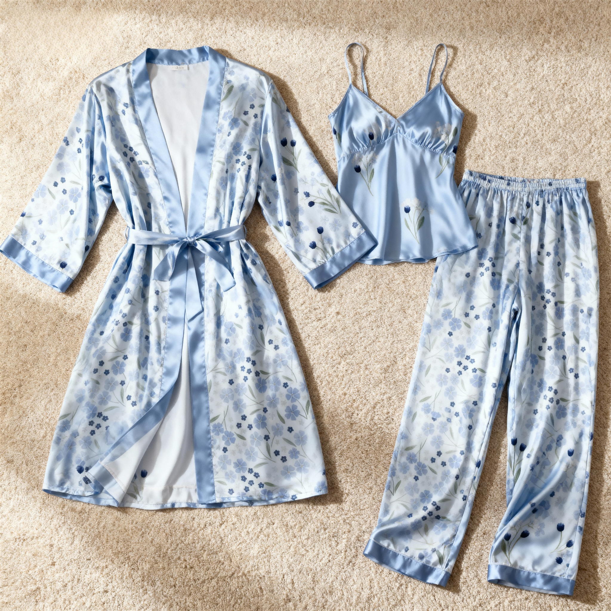 Women's Satin Sleepwear Set – 3-Piece Flower Print Pajamas with Robe & Pants
