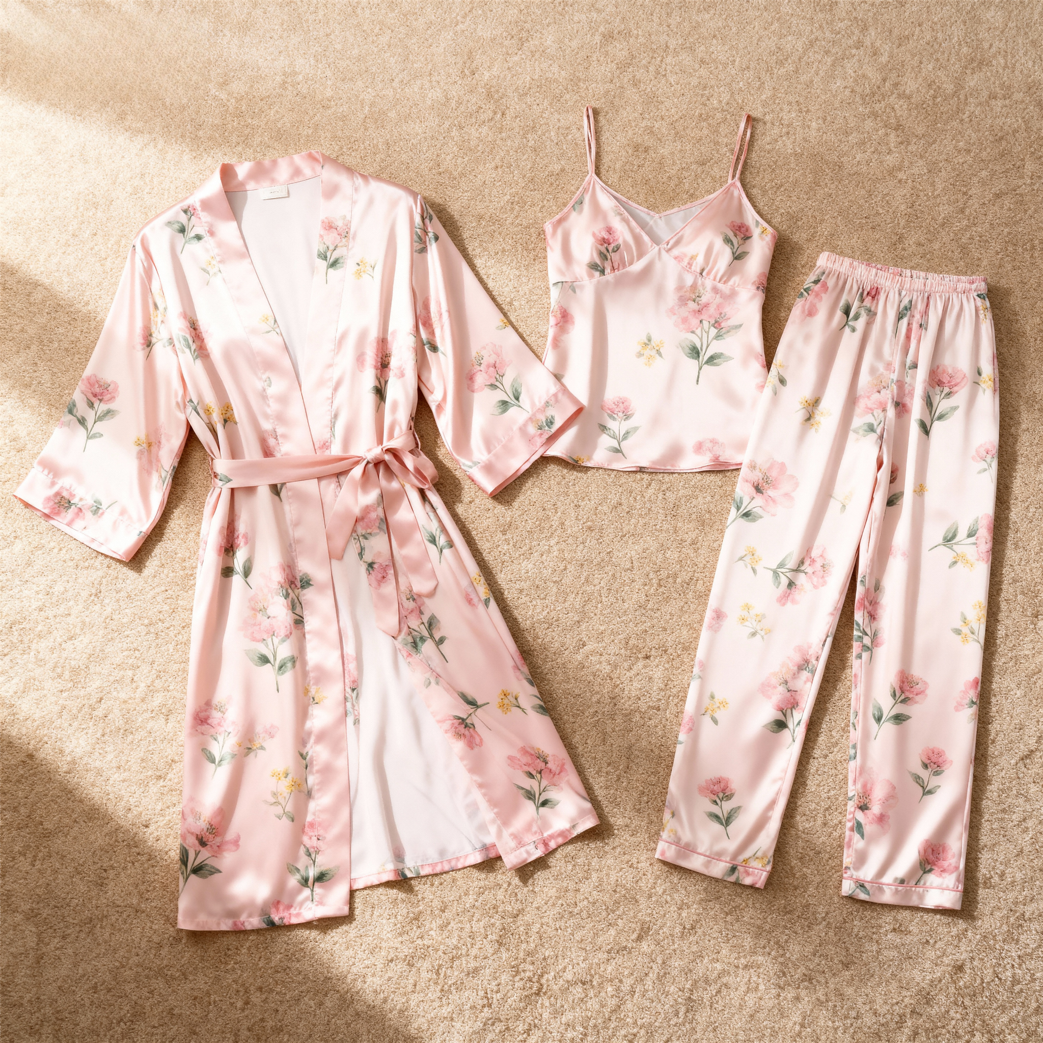 3-Piece Satin Set with Bright Floral Prints