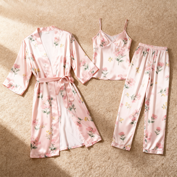 3-Piece Satin Set with Bright Floral Prints