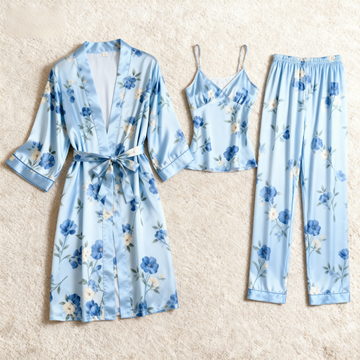 Women's Luxury Satin Pajama Set – 3-Piece Flower Design Robe