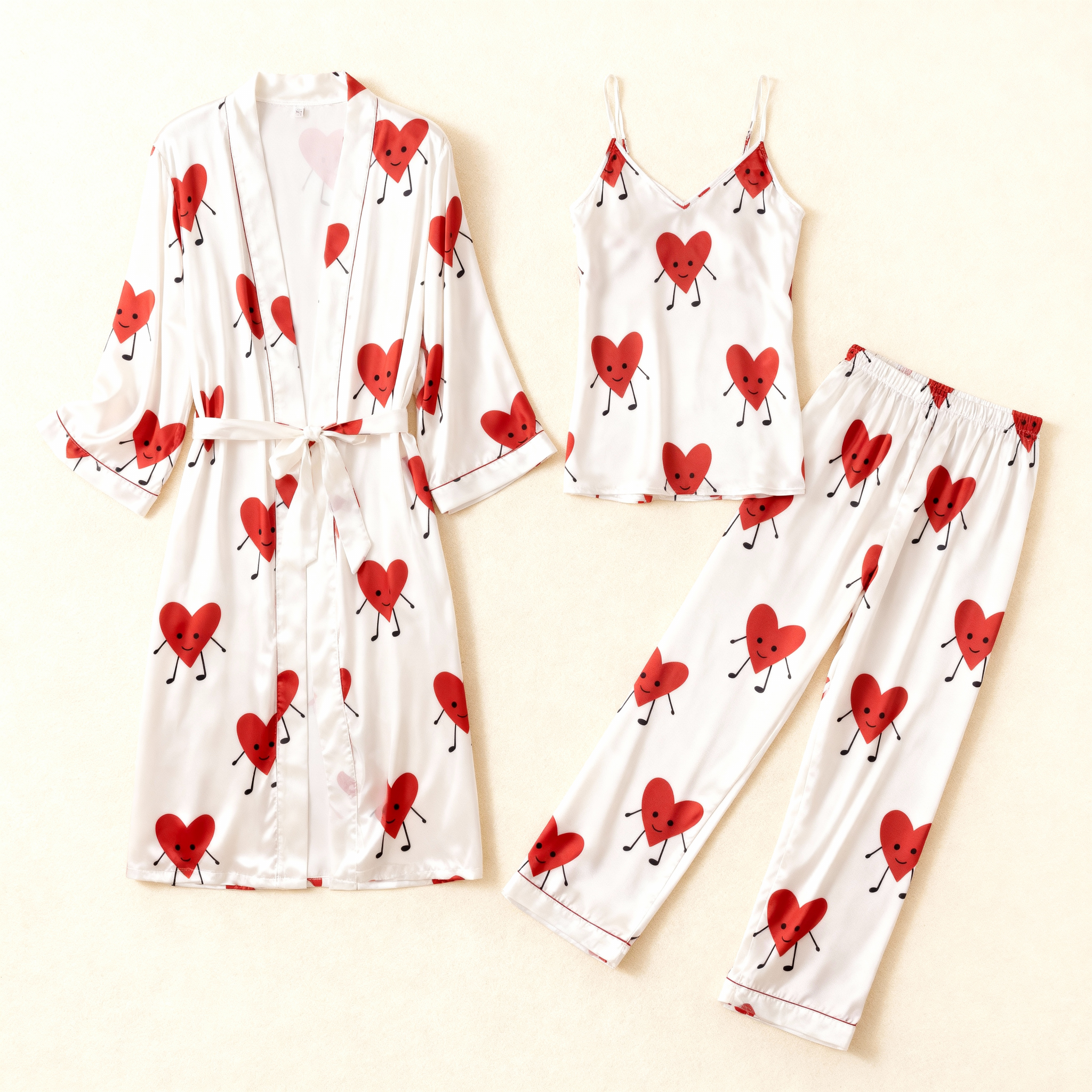 Lovely Heart Satin Sleepwear – Women’s 3-Piece Night Set with Robe