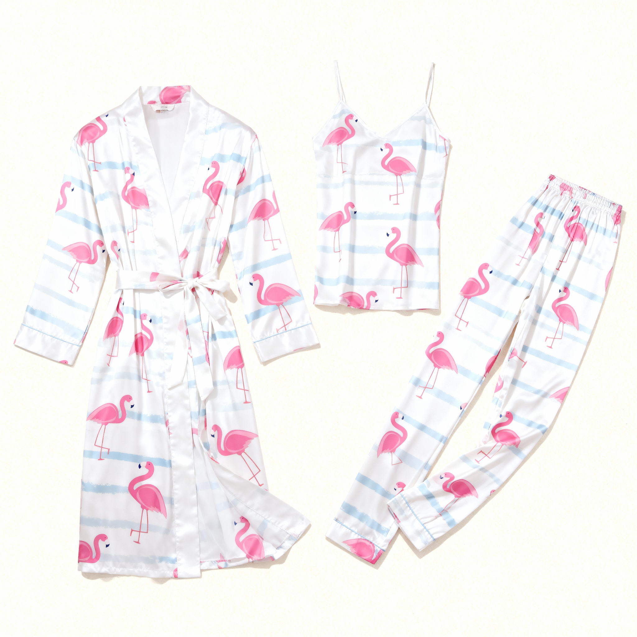 Women’s Luxury Nightwear – Satin Robe, Cami, Pants with Flamingo Pattern