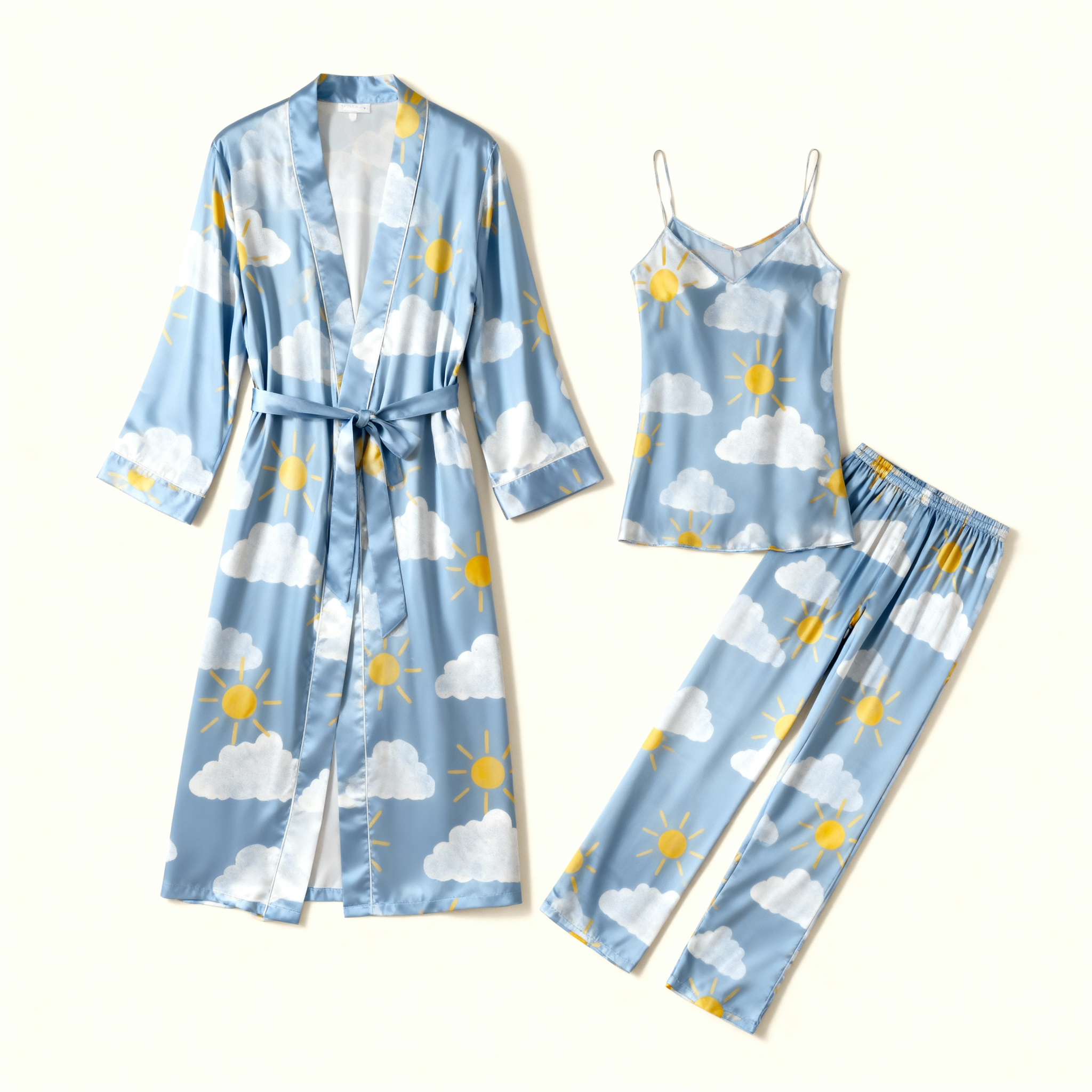 Women’s 3-Piece Sun & Clouds Print Satin Sleep Pajama Set