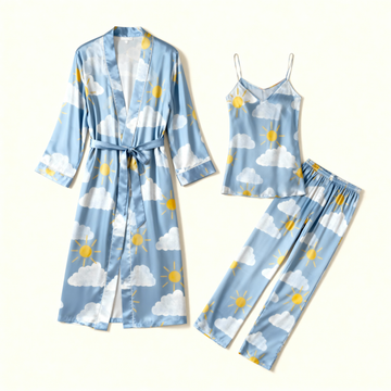 Women’s 3-Piece Sun & Clouds Print Satin Sleep Pajama Set