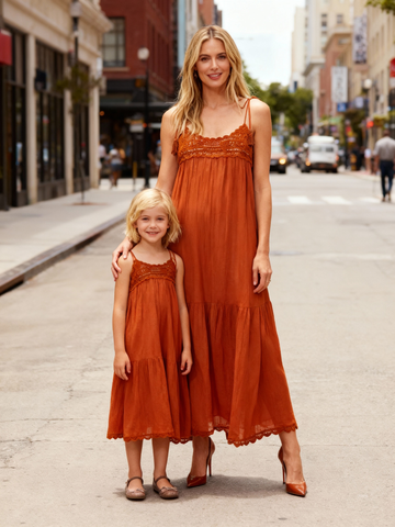 Matching Mother-Daughter Orange Cotton Dress