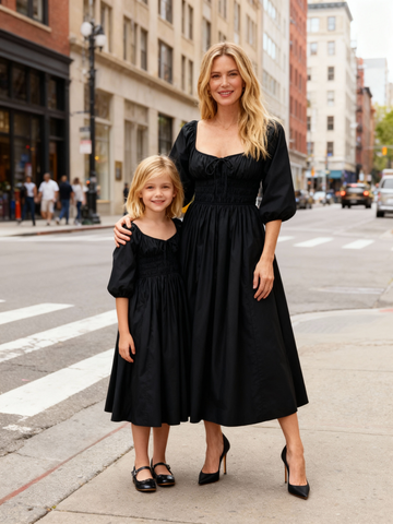 Matching Mother-Daughter Solid Black Shirred Dress