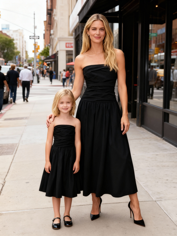 Matching Mother-Daughter Solid Black Strapless Cotton Maxi Dress