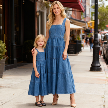Matching Mother-Daughter Vintage Wash Denim Dresses