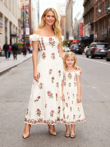Matching Mother-Daughter Beige Embroidered Dress