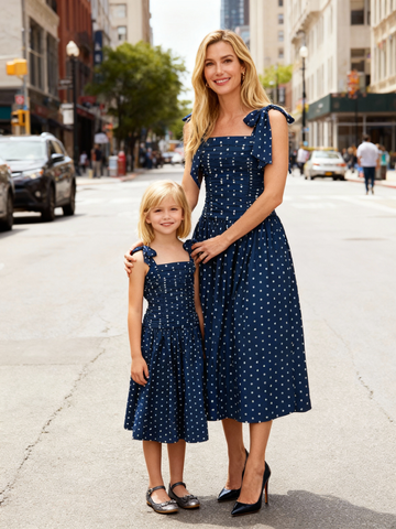 Matching Mother-Daughter Blue Polka-Dot Cotton Midi Dress