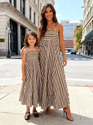 Matching Mother-Daughter Striped Pleated Cami Long Dress