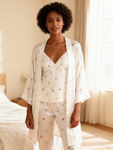 Chic 3-Piece Satin Nightwear Set Featuring Simple Rose Motifs