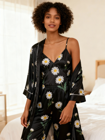 Feminine Elegant Black Satin Pajama Trio