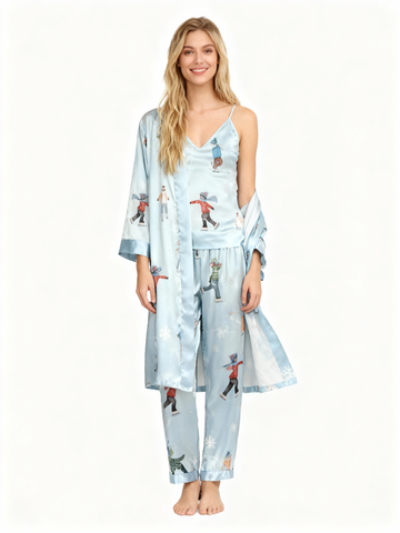 Women’s Light Blue Silky Satin Homewear Set with Skiing Characters Illustration
