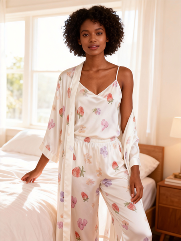 Satin 3-Piece Sleepwear Set with Dreamy Watercolor Design