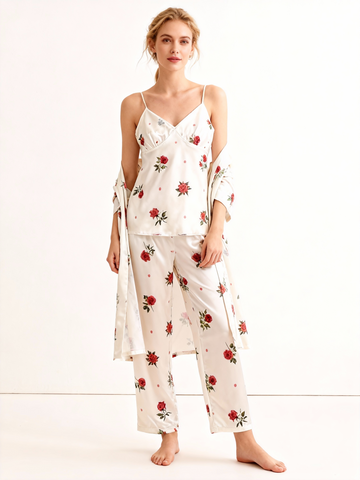 Silky Satin 3-Piece Nightwear Set with Romantic Rose Design