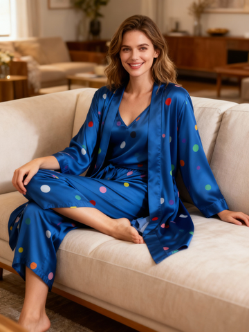 Women’s Blue Silky Satin Homewear Set with Classic Polka Dot Motifs