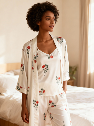 3-Piece Satin Nightwear Set with Simple Floral Design