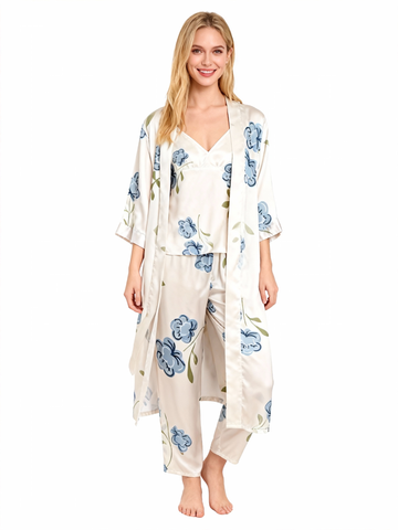 Women’s Silky Satin Homewear Set with Elegant Blue Floral Illustration