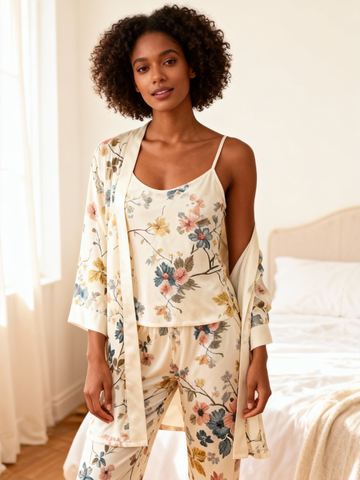 3-Piece Satin Nightwear Set with Opulent Floral Pattern