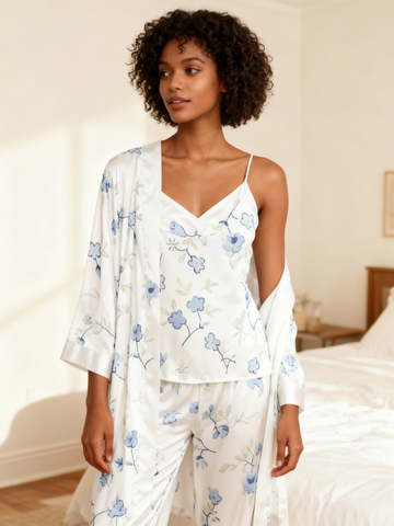 Chic 3-Piece Satin Nightwear Set Featuring Elegant Blue Floral Motifs