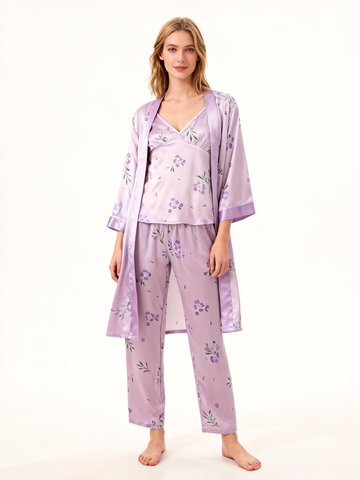 Silky Satin 3-Piece Nightwear Set in Elegant Purple Style