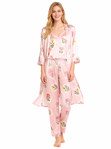 Women’s Pink Silky Satin Homewear Set with Rose Illustration