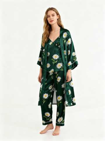 Feminine Elegant Green Satin Pajama Trio