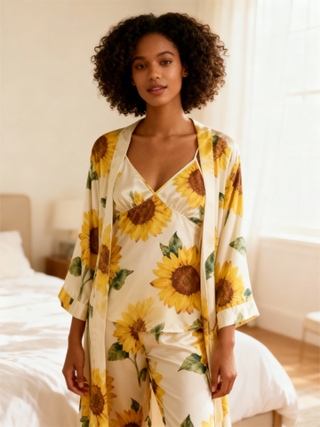 Feminine Detailed Sunflower Satin Pajama Trio