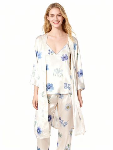Silky Satin 3-Piece Nightwear Set with Blue Florals Design