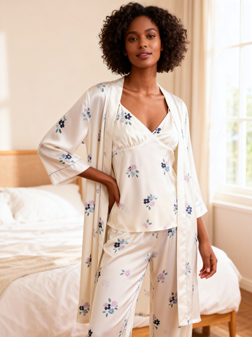 Chic 3-Piece Satin Nightwear Set Featuring Simple Floral Motifs