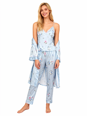 Women’s Pale Blue Silky Satin Homewear Set with Floral Illustration