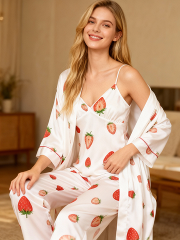 Women’s Satin 3-Piece Loungewear Set in Sweet Strawberry Style