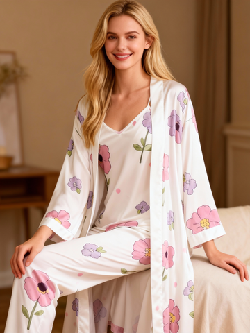 Women’s Satin 3-Piece Loungewear Set in Elegant Floral Style