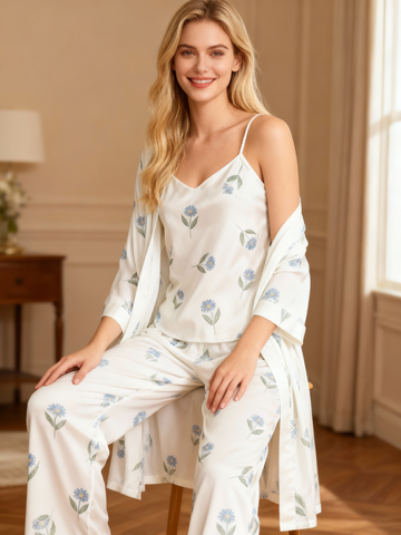 Women’s Satin 3-Piece Loungewear Set in Soft Florals Style