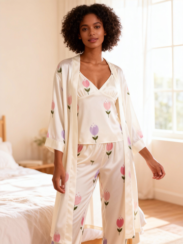 Feminine Dreamy Floral Design Satin Pajama Trio
